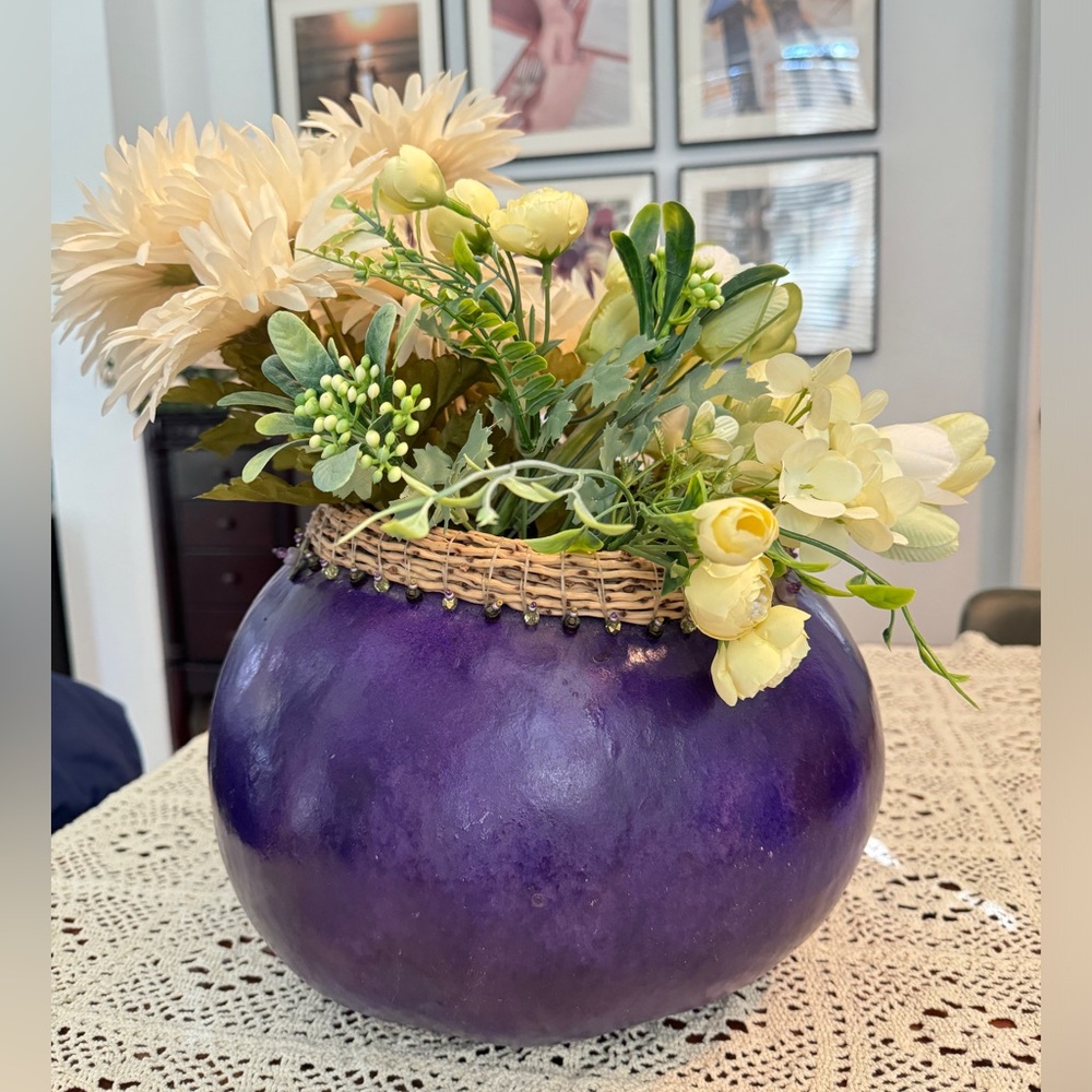 Handmade Gourd Art Bowl/Vase Purple Black Tabletop Decor